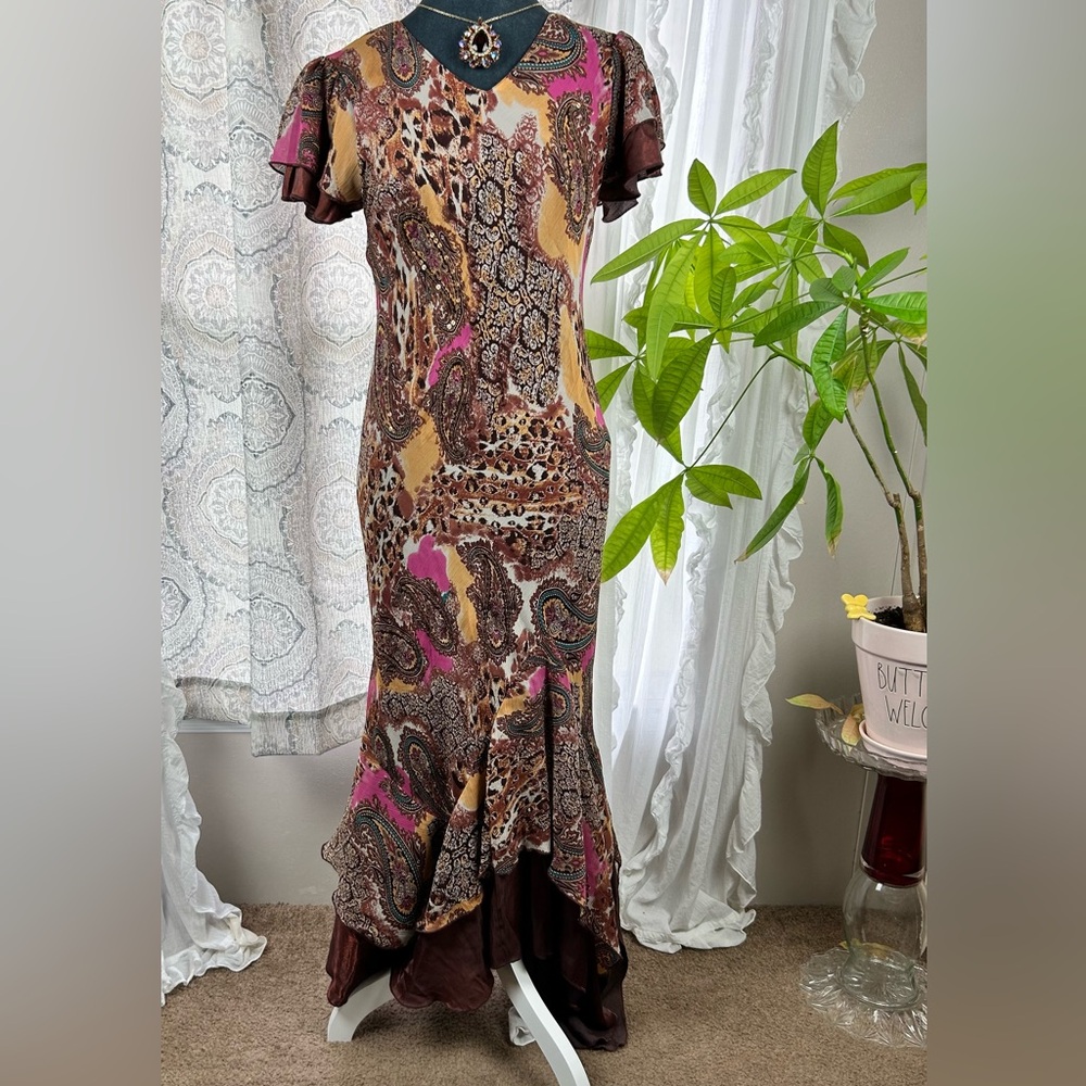 Midnight Velvet Brown and Pink Asymmetrical Ruffled Maxi Dress NWOT